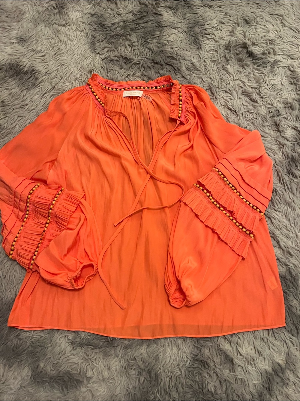 Ramy Brook Bright Orange Ruffled Tie-Neck Blouse